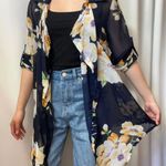 Navy Blue Floral Kimono Open Front Chiffon Lightweight Flowy Cardigan Swimsuit Coverup Size M Photo 0