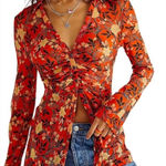 Free People  Lucky Shirtee Orange Ruched Floral Long Sleeve Button Blouse Top XS Photo 0