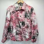 Chico's Chico’s Pink Gray & Ivory Leaves Satin Cotton Blend Button Front Shirt Jacket Photo 7