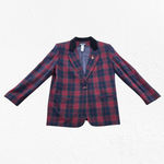 Vintage Red Green Tartan Velvet Collar Rose Broach Wool Blend Blazer Size 14 Photo 3