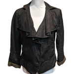 CAbi Womens Black Notch Neck Ruffle Long Sleeve Snap Front Linen medium Blazer Photo 0