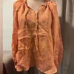 MINKPINK  Sheer Blouse Top Blush Terracotta Stripe Balloon Sleeve Size Large NWT Photo 2