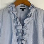 Talbots Blue White Pin Striped 3/4 Sleeve Ruffled Neckline Button Up Size 4 Photo 2