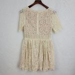 Darling Lace Skater Dress Medium White Nude Swing Skirt Lined Raw Hem Mini Tan Photo 3