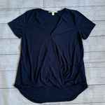 Miami Navy Blue Surplice Blouse with V-Neck and Short Sleeves Photo 2