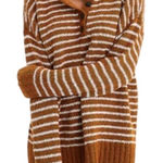 ANDRÉE BY UNIT Brown White Stripe Chenille Henley Sweater Plus Size 1X Photo 0