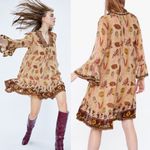 ZARA  Long Bell Sleeve Spring Ares Dress Embroidery Boho Brown Size S New Photo 1