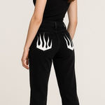 Romwe  Women’s Black Flame Pocket Straight Leg Jeans High Rise Goth Grunge Punk 2 Photo 0