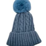 ILLUMA Women’s Blue Cuffed Cable Stitch Faux Fur Pom Pom Beanie Hat NWT Photo 0