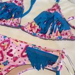 Women large Colorful Fringe triangle Bikini top side ties bottom hearts stitch Pink Photo 2