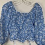 Speed Limit Womens Blouse Cropped Square Neck Drawstring Floral Blue Medium Photo 0