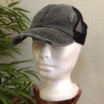 Grunge Grey denim distressed black mesh criss cross trucker hat baseball cap Photo 0