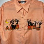 Vintage Halloween Embroidered Button Up Black Cat Pumpkin Moon Spooky‎ Sz Medium Orange Photo 6