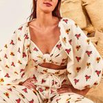 Farm Rio Mixed Cross Stitch Flowers Embroidered Long Balloon Sleeves Crop Top XL Photo 12