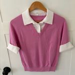 Minnie Rose  Cotton Cashmere Collared V-Neck in Raspberry. Size Medium. Photo 4
