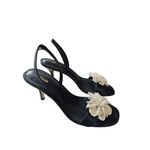 Larroude Hibiscus Slingback Heel Sandals in Black Leather Flower Size 10 Heels Photo 1