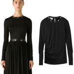 St. John Leather Trim Crepe Viscose Jersey Mesh Sleeve Shirt Black Size XS NWT Photo 3