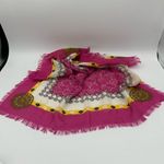 Henri Bendel  Knit Pink Yellow Ivory Logo Fringe Scarf Square Photo 6