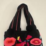 LARGE Black Wayuu Colombia Mochila Fuzzy Floral Bucket Bag Pom Poms (b38) Photo 1