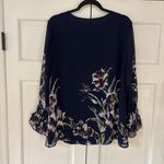 Chico's  Size 2 Navy Blue Floral Blouse Ruffle Statement Bell Sleeves Chico Large Photo 8