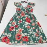 Adrianna Papell Dress Women Size 14 Blue Green Floral Flutter Sleeve V Neck Midi Photo 3