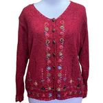 Icelandic Designs Embroidered Button Up Cardigan Silk Rayon Sweater Size Large Red Photo 0