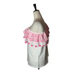 Lilly Pulitzer  Shirt Women Small White Pink Idara‎ One Shoulder Eyelet Pom Pom Photo 7