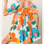 Boutique BiBi Floral Puff Sleeve Square Neck Babydoll Mini Dress XL Retro Style 70s New Photo 6