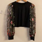 Black Crop Top with Floral Embroidered Statement Sleeves Photo 0