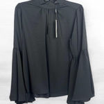 T Tahari  Blouse Womens Size S Black Mock Neck Keyhole Large Bell Sleeve Chic Photo 0