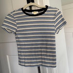 Maeve  Anthropologie blue striped short sleeve Crewneck top stretch ribbed Photo 0