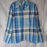 Evan Picone  100% Linen Blue and Yellow Plaid Button-Up Shirt Photo 0