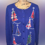 Vintage Festive Blue Knit Sweater Embroidered Sequins Plaid Trees Snowflakes XL Photo 0