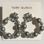 Tory Burch New Authentic  Silver Britten Pearl Logo Earrings on TB Earring Card Photo 6