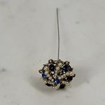 Antique Rhinestone Seed Pearl Hat Pin 4" Metallic Blue Golden Flower Lapel Stick Gold Photo 14