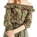 J.Crew Ratti Elephant Print Off-the-Shoulder Ruffle Top Gold Green Size 4 Photo 0