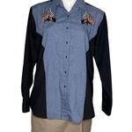 ELY Country Charmers Western Shirt USA Flag Horses Black Snaps Vintage 70’s Blue Size L Photo 0