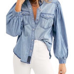 We The Free With Love Cotton Denim Shirt Blue Boho Western Pearl Snap Womens XL Photo 0