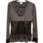 FARINELLI VNECK KNIT EMBELLISHED LONG SLEEVE GOTH RUFFLED LACE VEGAN LEATHER TOP Gray Size M Photo 1
