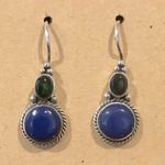 Sterling Silver Vintage Green Agate Blue Lapis Lazuli Drop Dangle Earrings Photo 0