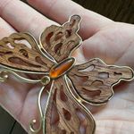 Vintage Beautiful Wooden Gold Style Brass Butterfly Brooch 1970s Signed LC Brown Photo 7