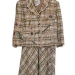 Vintage Rickie Freeman Teri Jon Beige Green Tweed Lace Trim 2 Piece Skirt Set 12 White Photo 0