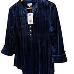 kim rogers Women’s Velvet Tunic Top Small S Blue Long Sleeve Henley Blouse NWT Photo 0