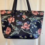 NAVY BLUE FLORAL TOTE BAG VEGAN LEATHER ZIP CLOSURE ON TOP ONE POCKET INSIDE Photo 1