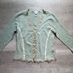 TSE Silk Blend Lace Trim Plunge Neck Cardigan Size L Mint Green Gold Feminine Photo 0