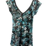 Free People Rare Vintage Y2K V Neck T-shirt Teal Grey White Flowers Women's sz S Photo 0