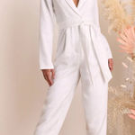Lulus  Ivory Jacquard Collared Surplice Belted Long Sleeve Jumpsuit Womens XL NWT Photo 0