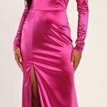 Lulus  Off to the Ball Magenta Satin Long Sleeve Maxi Dress Size M NWT Photo 0