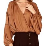 Copper Blue Caramel Satin Balloon Sleeve Boho Lace Inset Draped Blouse Small Brown Photo 3
