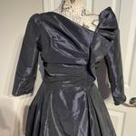 RICKIE FREEMAN TERRI JON Vintage Metallic Draped Ruffle Pleated Asymmetric Retro Taffeta Puff Knee Length Ruched Cocktail Party Formal Evening Dress Sz 6 Blue 50s Pinup Rockabilly Photo 2